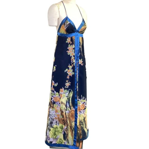 Double Zero Floral Chiffon Maxi Dress Satin Trim Sz M Straps Tie in Back #236G - Picture 3 of 8